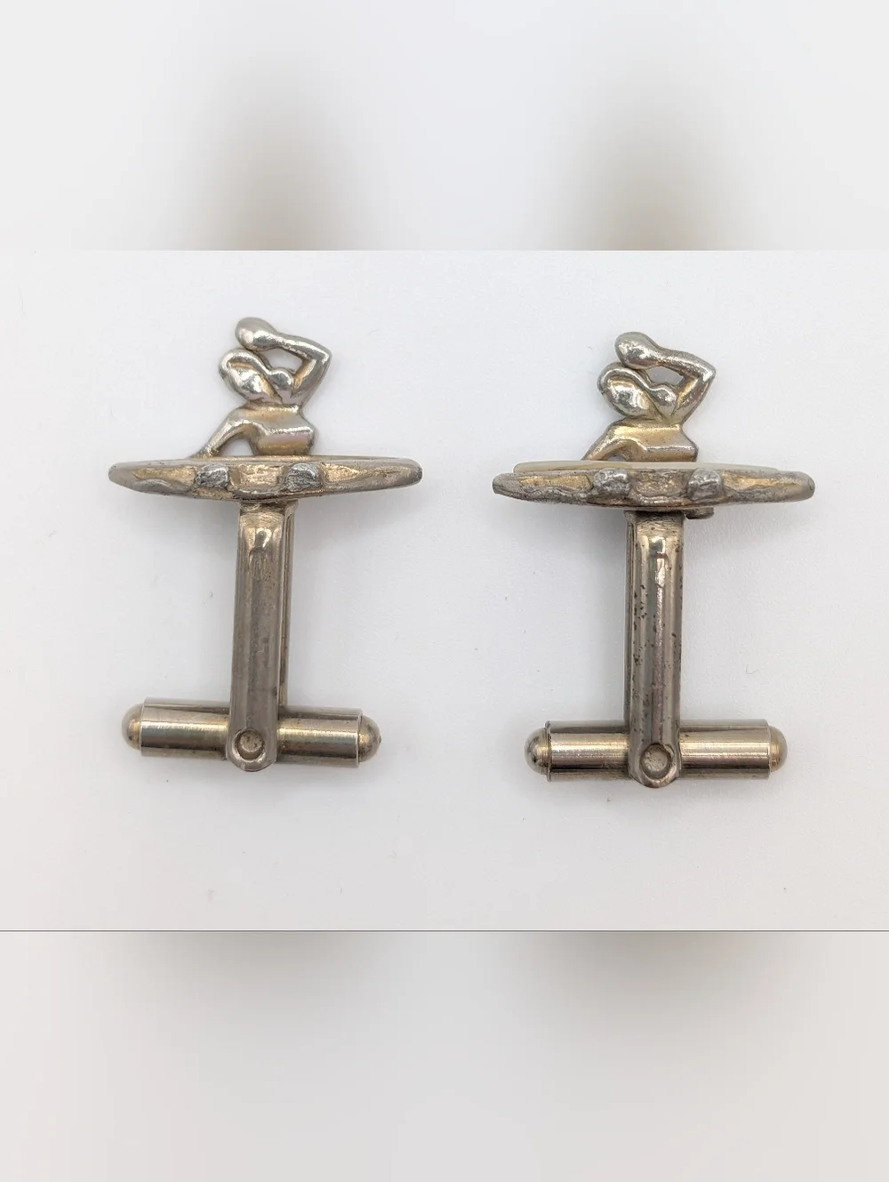 Vtg Surfer Girl Silver Tone Cufflinks Shell Top Surfboard